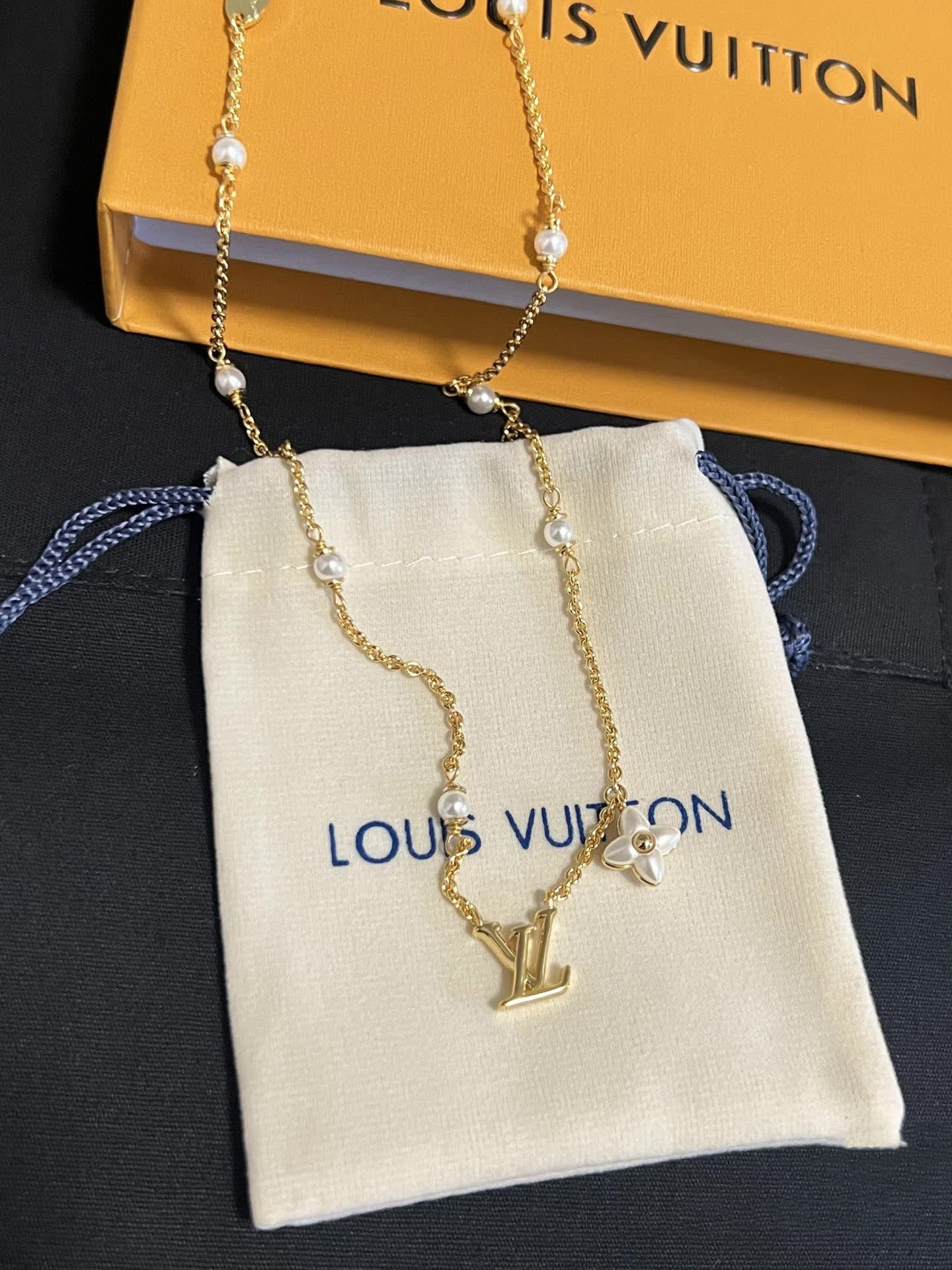 Louis Vuitton Earrings - Gold 'LV' Logo with Pearl Flower Design